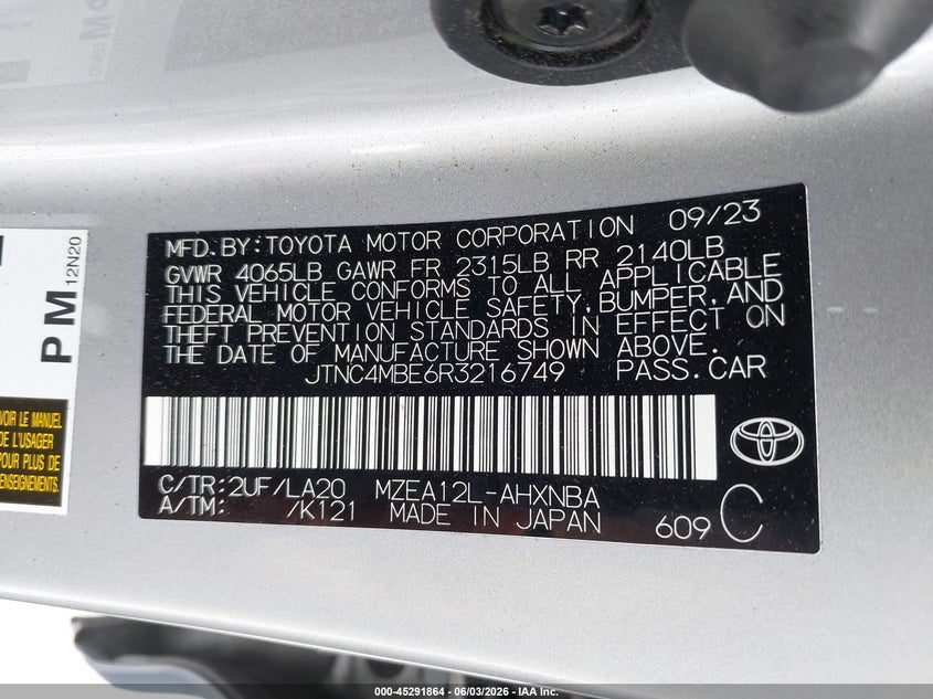 2024 Toyota Corolla VIN JTNC4MBE6R3216749 IAAI salvage auction — FRONT & REAR, Salvage (California), sold $2,500 on 2026-07-15 (photo 9)