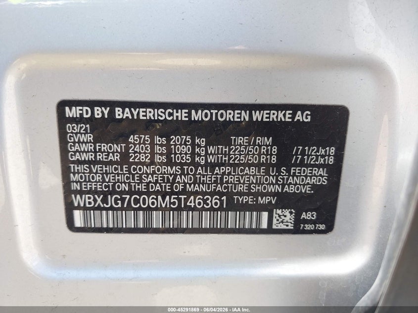 2021 BMW X1 VIN WBXJG7C06M5T46361 IAAI salvage auction — REAR END, Salvage Title, sold $7,225 on 2026-07-21 (photo 9)