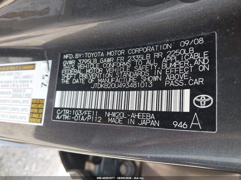 2009 Toyota Prius VIN JTDKB20U493481013 IAAI salvage auction — FRONT END, Clear (Virginia), sold $975 on 2026-07-07 (photo 9)