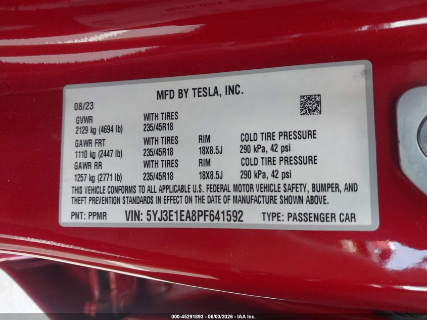 2023 Tesla Model 3 VIN 5YJ3E1EA8PF641592 IAAI salvage auction — SIDE, Salvage Title, sold $7,400 on 2026-07-11 (photo 9)