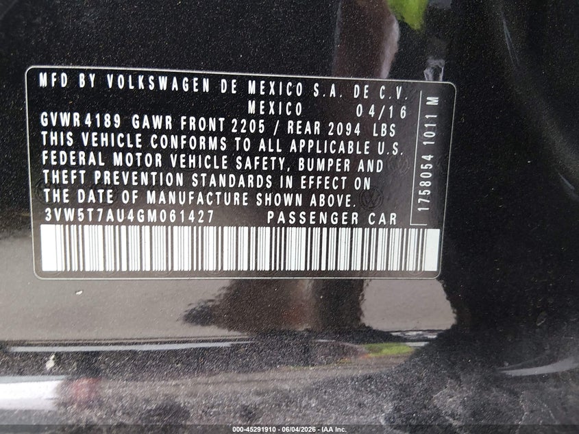 2016 Volkswagen Golf gti VIN 3VW5T7AU4GM061427 IAAI salvage auction — FRONT END, Salvage Title, sold $1,650 on 2026-07-07 (photo 9)