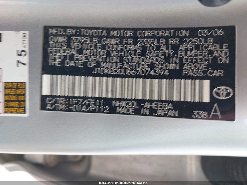 2006 Toyota Prius VIN JTDKB20U667074394 IAAI salvage auction — NORMAL WEAR, Original (Texas), sold $400 on 2026-07-14 (photo 9)
