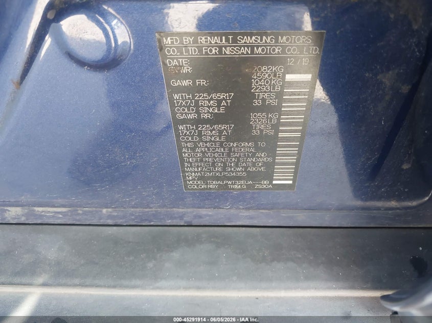 2020 Nissan Rogue VIN KNMAT2MTXLP534355 IAAI salvage auction — FRONT END, Salvage (Texas), sold $2,575 on 2026-07-24 (photo 9)