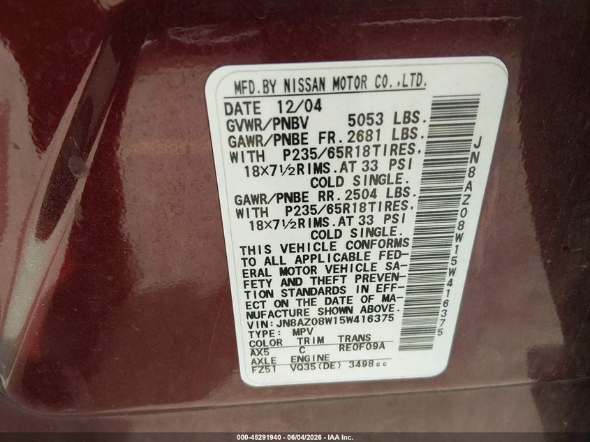 2005 Nissan Murano VIN JN8AZ08W15W416375 IAAI salvage auction — NORMAL WEAR, Clear (Colorado), sold $325 on 2026-07-14 (photo 9)