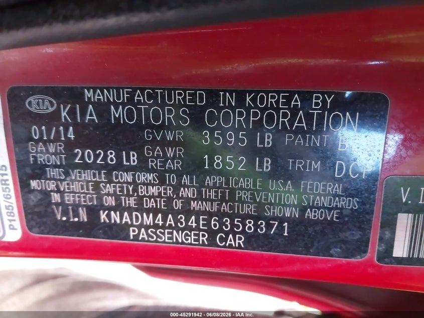 2014 Kia Rio VIN KNADM4A34E6358371 IAAI salvage auction — NORMAL WEAR, Salvage Title, sold $25 on 2026-07-28 (photo 9)