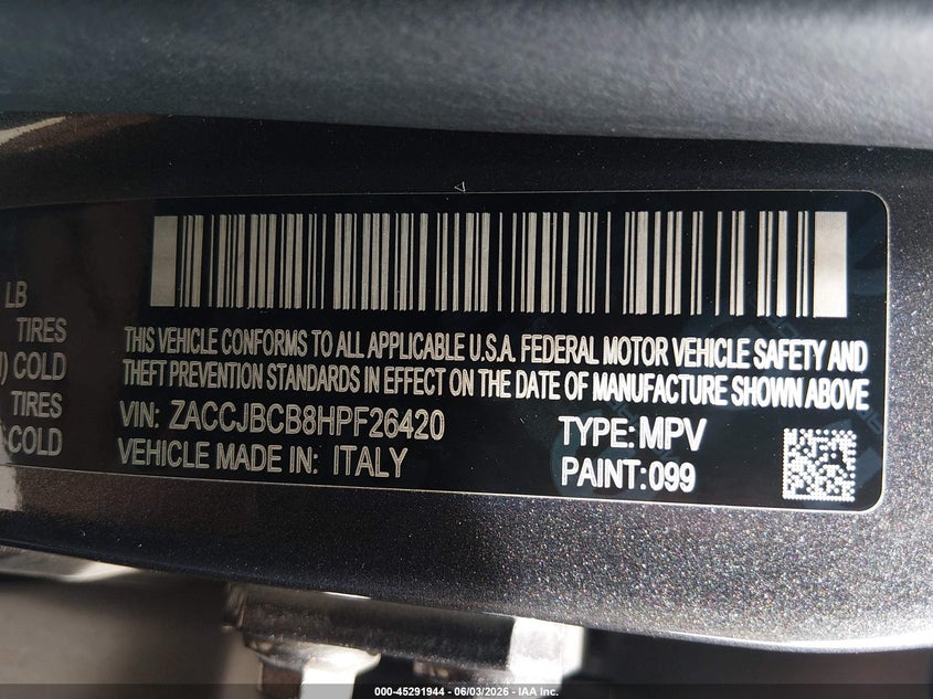 2017 Jeep Renegade VIN ZACCJBCB8HPF26420 IAAI salvage auction — RIGHT REAR, Salvage Title, sold $1,475 on 2026-07-21 (photo 9)