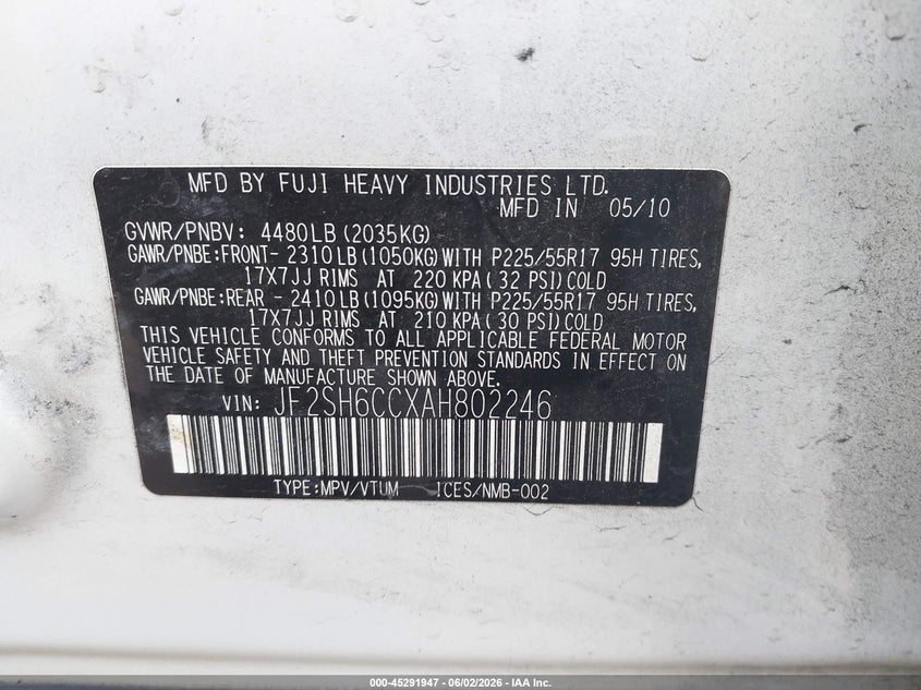 2010 Subaru Forester VIN JF2SH6CCXAH802246 IAAI salvage auction — NORMAL WEAR, Clear - Dealer Only (California), sold $425 on 2026-07-13 (photo 9)