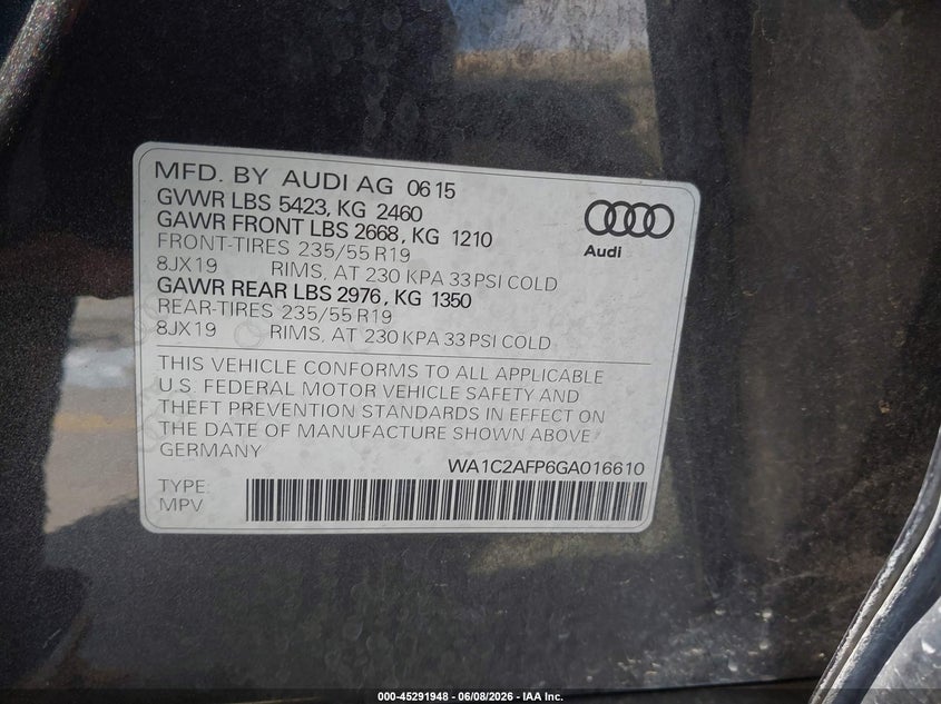 2016 Audi Q5 VIN WA1C2AFP6GA016610 IAAI salvage auction — FRONT & REAR, Salvage (Texas), sold $350 on 2026-07-30 (photo 9)