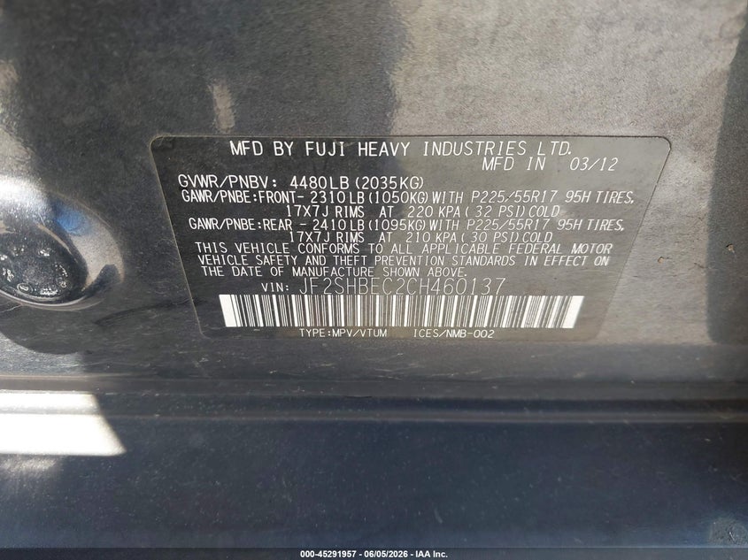 2012 Subaru Forester VIN JF2SHBEC2CH460137 IAAI salvage auction — NORMAL WEAR, Clear (Minnesota), sold $400 on 2026-07-09 (photo 9)