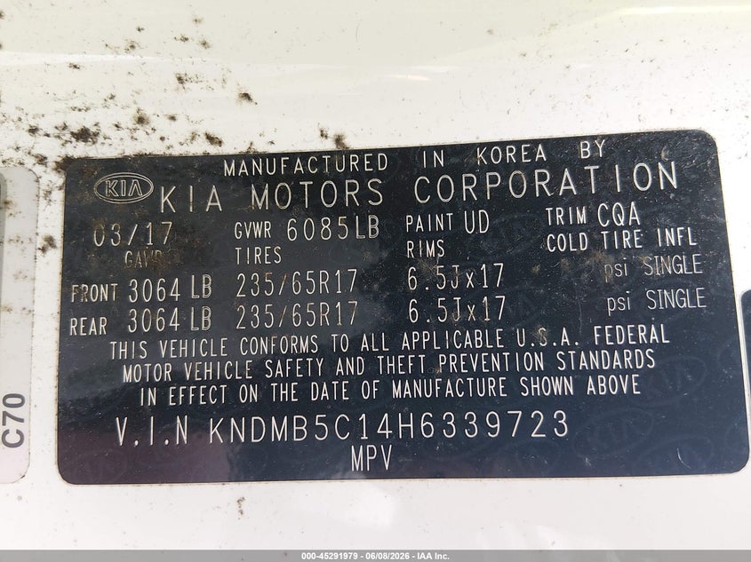 2017 Kia SEDONA VIN KNDMB5C14H6339723 IAAI salvage auction — FRONT END, Salvage Title, sold $375 on 2026-07-15 (photo 9)