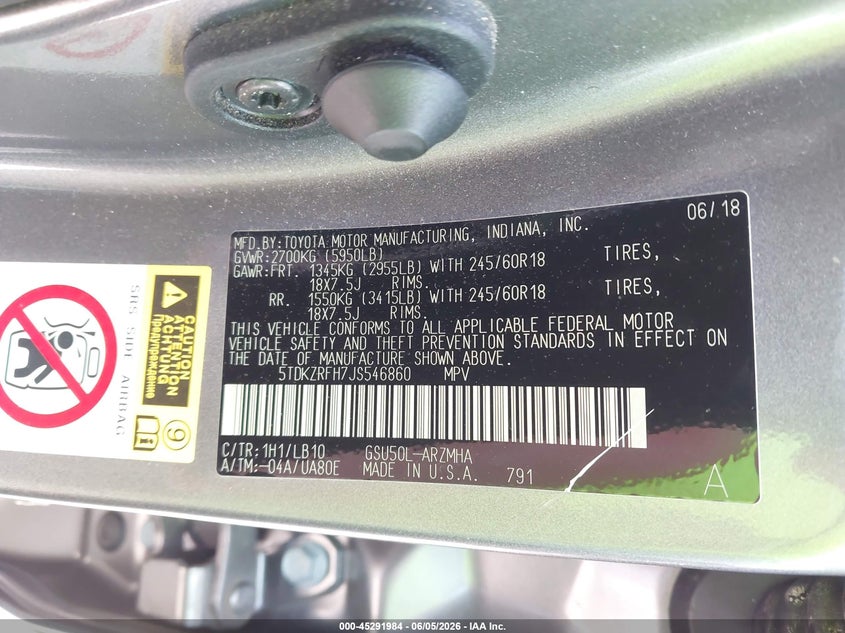 2018 Toyota Highlander VIN 5TDKZRFH7JS546860 IAAI salvage auction — FRONT END, Salvage Title, sold $6,800 on 2026-07-22 (photo 9)
