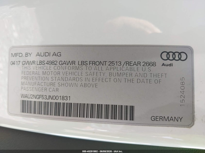 2018 Audi A5 VIN WAU2NGF53JN001831 IAAI salvage auction — LEFT FRONT, Salvage Title, sold $4,300 on 2026-07-09 (photo 9)