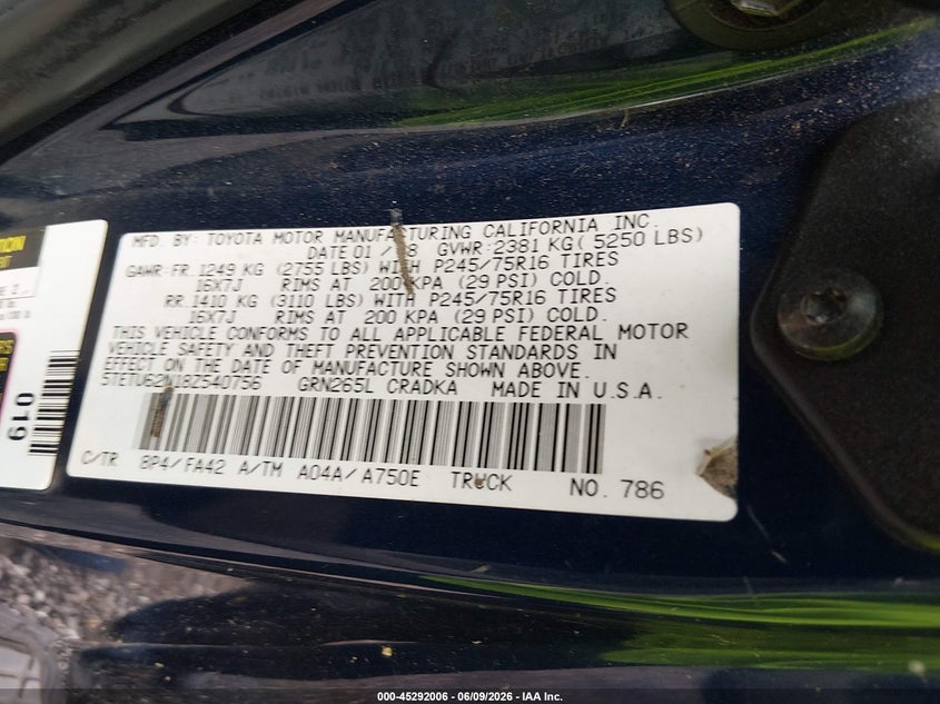 2008 Toyota Tacoma VIN 5TETU62N18Z540756 IAAI salvage auction — REAR END, Salvage (South Carolina), sold $3,025 on 2026-07-07 (photo 9)