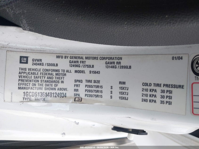 2004 Chevrolet Colorado VIN 1GCDS136148124934 IAAI salvage auction — ALL OVER, Non-Repairable (California), sold $325 on 2026-07-09 (photo 9)