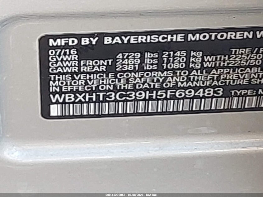 2017 BMW X1 VIN WBXHT3C39H5F69483 IAAI salvage auction — LEFT SIDE, Mv-907A (New York), sold $1,750 on 2026-07-28 (photo 9)