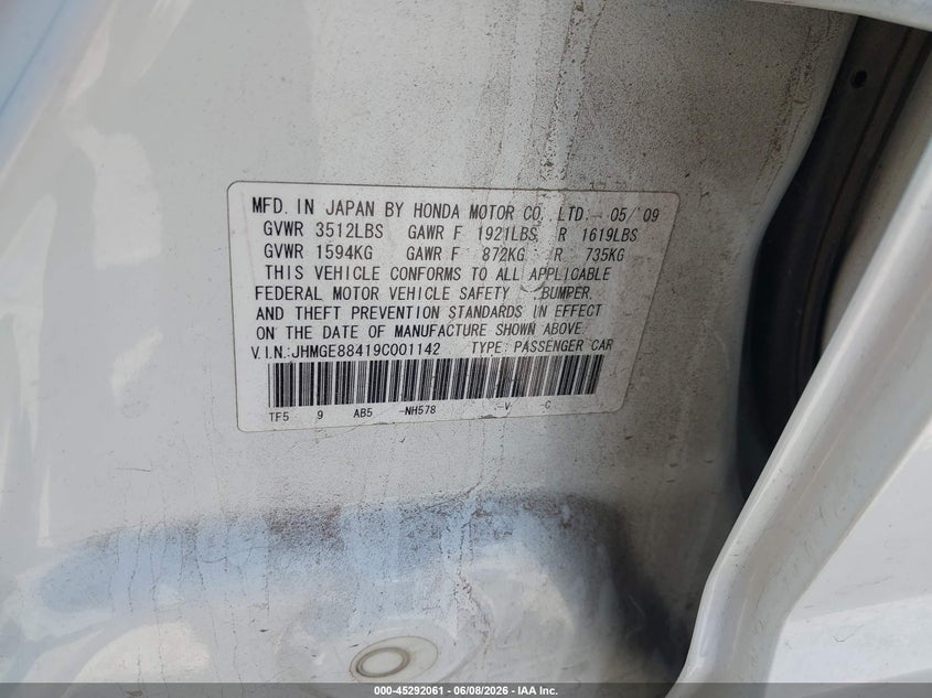 2009 Honda Fit VIN JHMGE88419C001142 IAAI salvage auction — REAR END, Clear (Oklahoma), sold $1,300 on 2026-07-09 (photo 9)