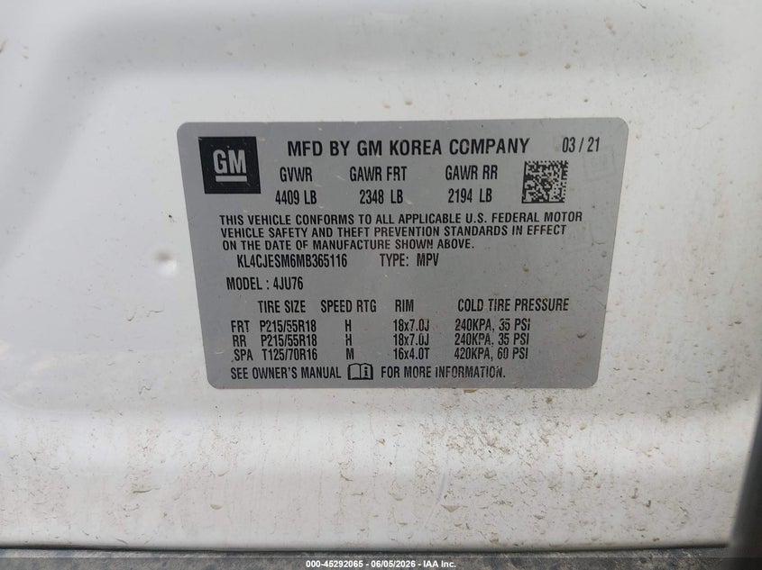 2021 Buick Encore VIN KL4CJESM6MB365116 IAAI salvage auction — FRONT & REAR, Salvage Title, sold $800 on 2026-07-24 (photo 9)