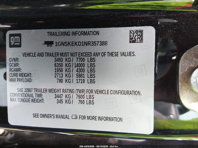 2022 Chevrolet Suburban VIN 1GNSKEKD1NR357388 IAAI salvage auction — REAR END, Salvage Title, sold $19,100 on 2026-07-31 (photo 9)