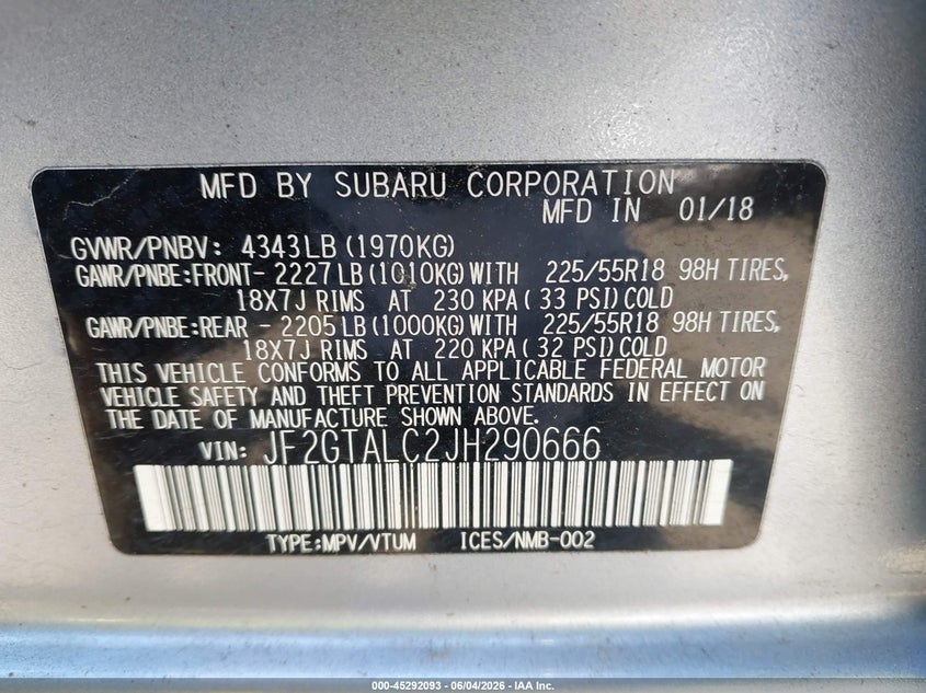 2018 Subaru Xv VIN JF2GTALC2JH290666 IAAI salvage auction — REAR END, Salvage Title, sold $6,300 on 2026-07-09 (photo 9)