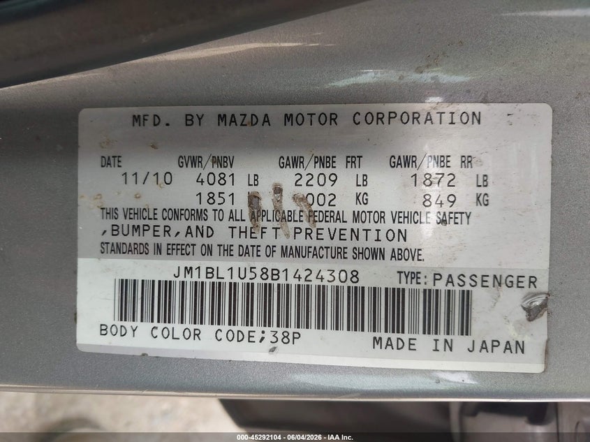 2011 Mazda 3 VIN JM1BL1U58B1424308 IAAI salvage auction — NORMAL WEAR, Original (Texas), sold $600 on 2026-07-20 (photo 9)