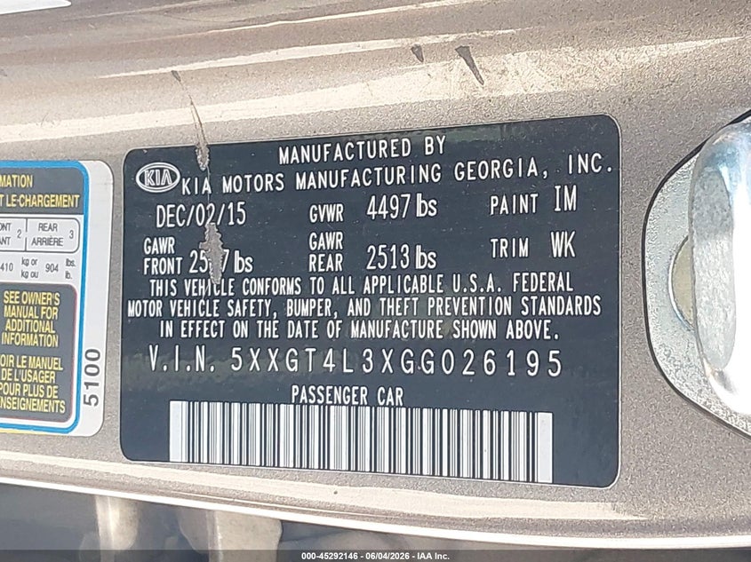 2016 Kia Optima VIN 5XXGT4L3XGG026195 IAAI salvage auction — FRONT END, Salvage Title, sold $450 on 2026-07-23 (photo 9)