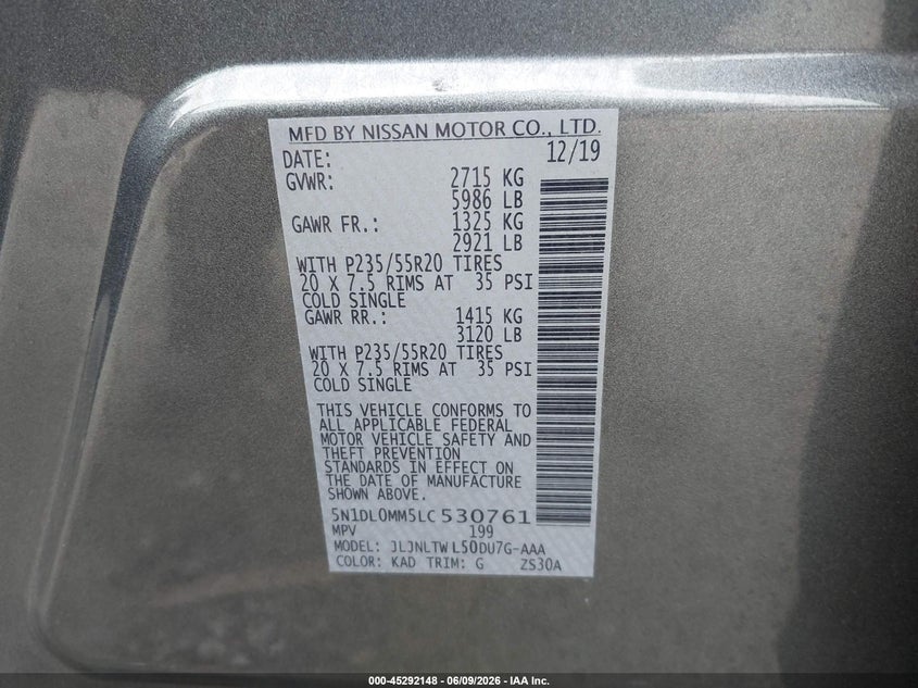 2020 Infiniti Qx60 VIN 5N1DL0MM5LC530761 IAAI salvage auction — THEFT, Salvage (Ohio), sold $9,450 on 2026-08-18 (photo 9)