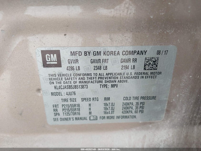 2018 Buick Encore VIN KL4CJASB5JB513873 IAAI salvage auction — NORMAL WEAR, Clear (Florida), sold $1,100 on 2026-07-08 (photo 9)