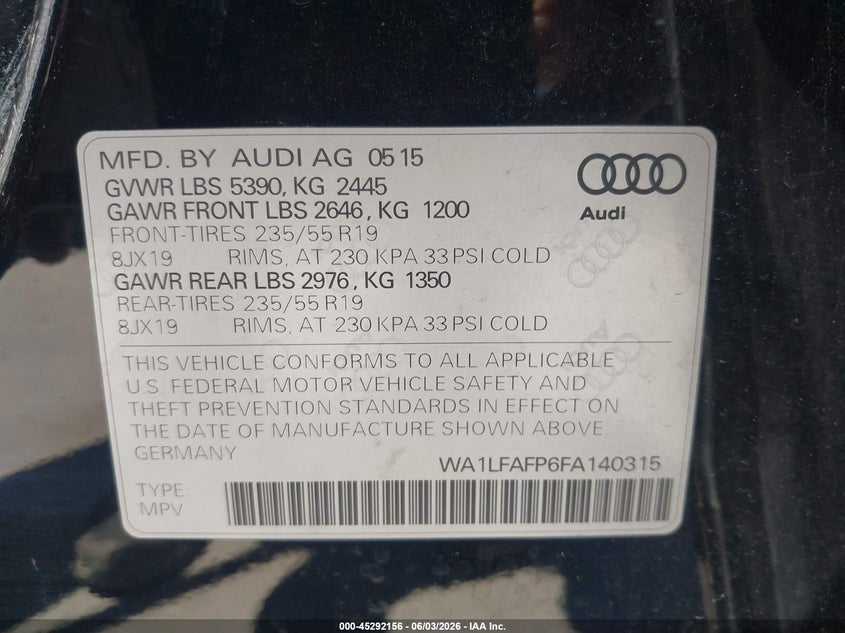 2015 Audi Q5 VIN WA1LFAFP6FA140315 IAAI salvage auction — NORMAL WEAR, Clear - Dealer Only (California), sold $675 on 2026-07-13 (photo 9)