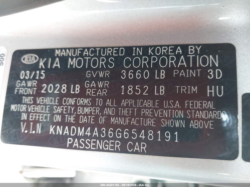 2016 Kia Rio VIN KNADM4A36G6548191 IAAI salvage auction — RIGHT SIDE, Clear (Florida), sold $1,975 on 2026-07-09 (photo 9)