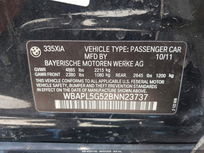 2011 BMW 3er VIN WBAPL5G52BNN23737 IAAI salvage auction — FRONT END, Salvage (California), sold $800 on 2026-07-13 (photo 9)