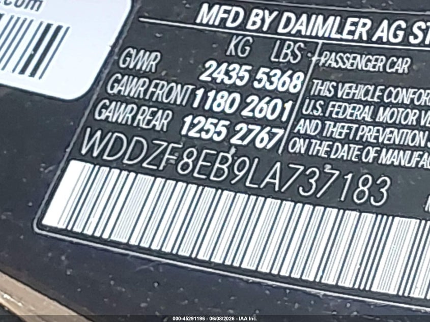 2020 Mercedes-benz E-klasse VIN WDDZF8EB9LA737183 IAAI salvage auction — FRONT & REAR, Wait Title, sold $10,525 on 2026-08-11 (photo 9)