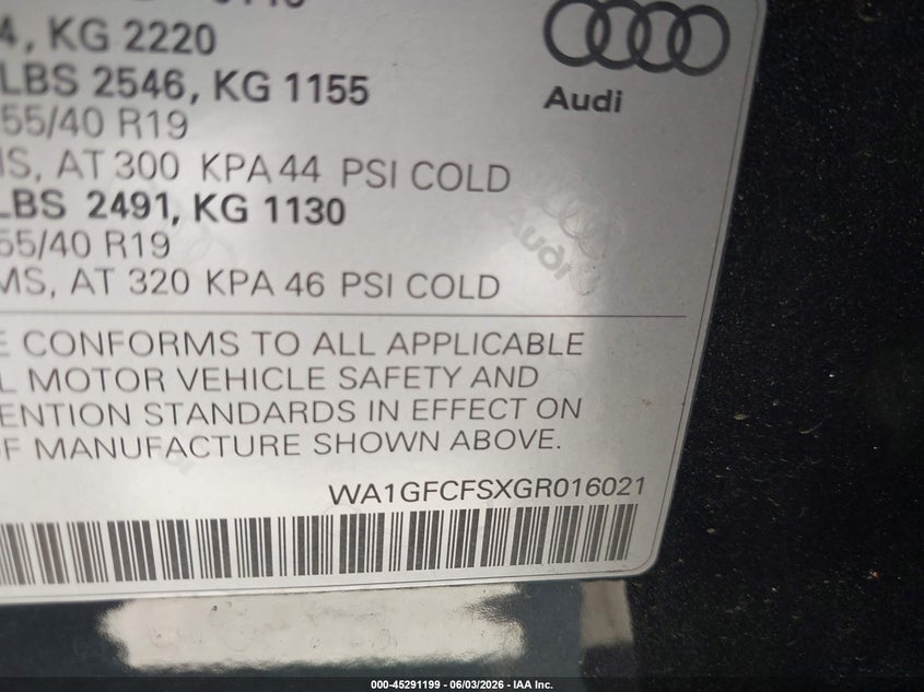 2016 Audi Q3 VIN WA1GFCFSXGR016021 IAAI salvage auction — LEFT FRONT, Salvage (California), sold $5,350 on 2026-07-08 (photo 9)