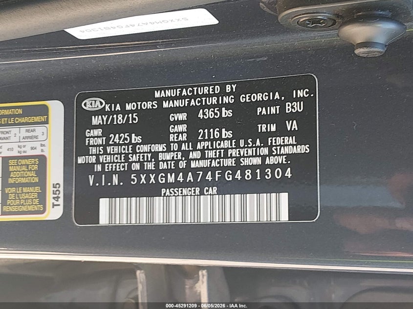 2015 Kia Optima VIN 5XXGM4A74FG481304 IAAI salvage auction — FRONT END, Salvage Title, sold $1,325 on 2026-07-20 (photo 9)