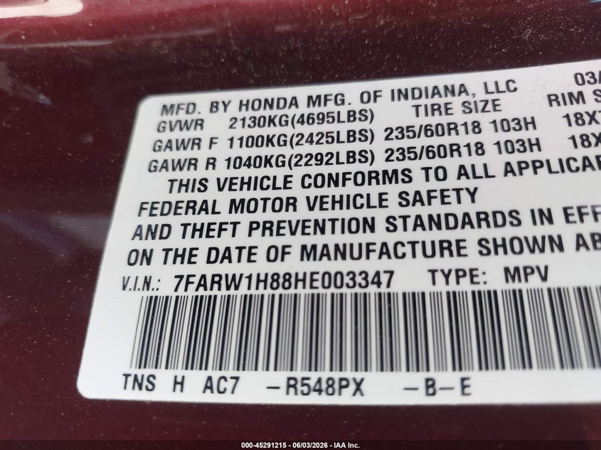 2017 Honda Cr-v VIN 7FARW1H88HE003347 IAAI salvage auction — FRONT END, Salvage Title, sold $5,000 on 2026-07-14 (photo 9)
