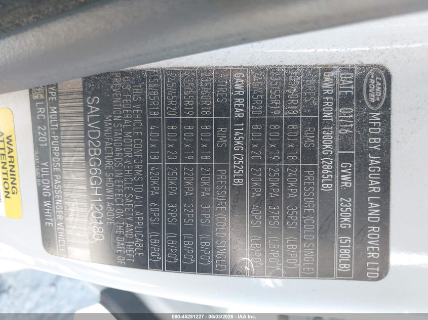 2016 Land rover Range rover evoque VIN SALVD2BG6GH120180 IAAI salvage auction — LEFT FRONT, Salvage Title, sold $3,150 on 2026-07-15 (photo 9)