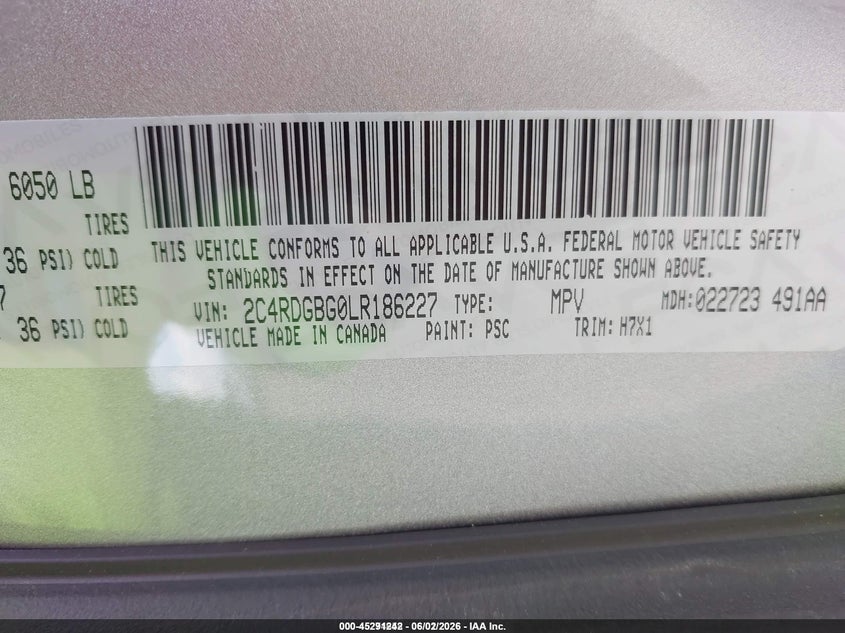2020 Dodge Caravan VIN 2C4RDGBG0LR186227 IAAI salvage auction — NORMAL WEAR, Sf97 (Texas), sold $10,200 on 2026-07-07 (photo 9)