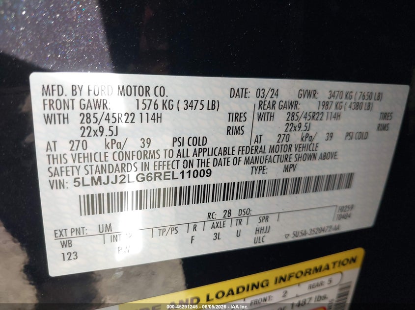 2024 Lincoln Navigator VIN 5LMJJ2LG6REL11009 IAAI salvage auction — FRONT END, Salvage Title, sold $14,150 on 2026-07-29 (photo 9)