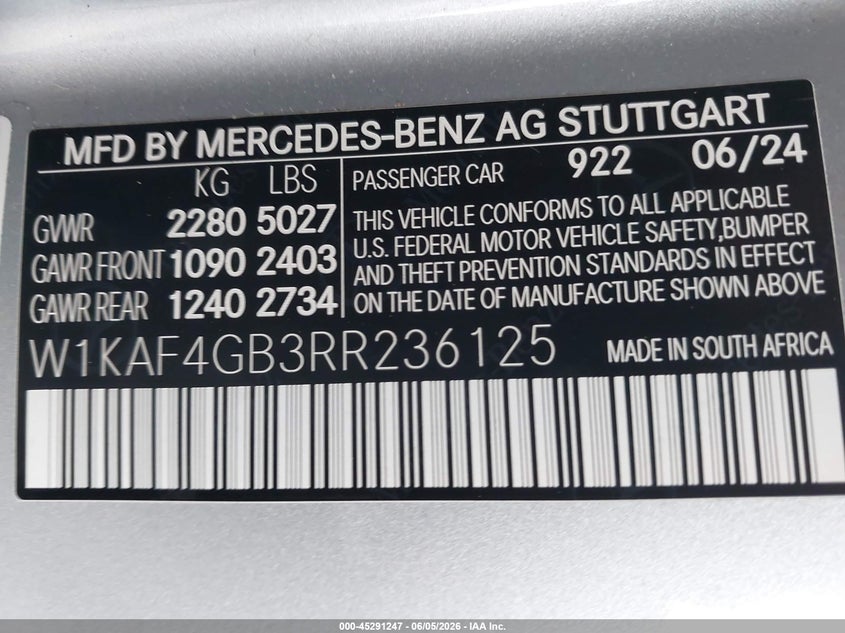 2024 Mercedes-benz C-klasse VIN W1KAF4GB3RR236125 IAAI salvage auction — REAR END, Salvage Title, sold $15,200 on 2026-07-23 (photo 9)