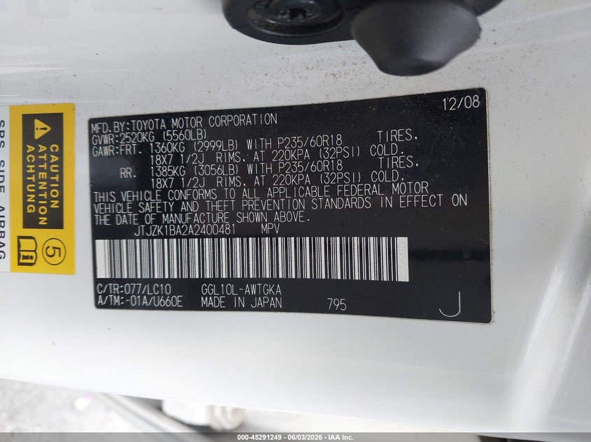 2010 Lexus Rx 350 VIN JTJZK1BA2A2400481 IAAI salvage auction — FRONT END, Salvage (California), sold $2,050 on 2026-07-17 (photo 9)