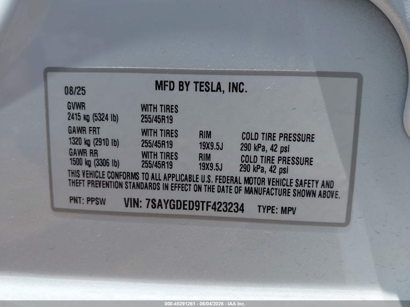2026 Tesla Model y VIN 7SAYGDED9TF423234 IAAI salvage auction — HAIL, Salvage Title, sold $22,950 on 2026-07-16 (photo 9)