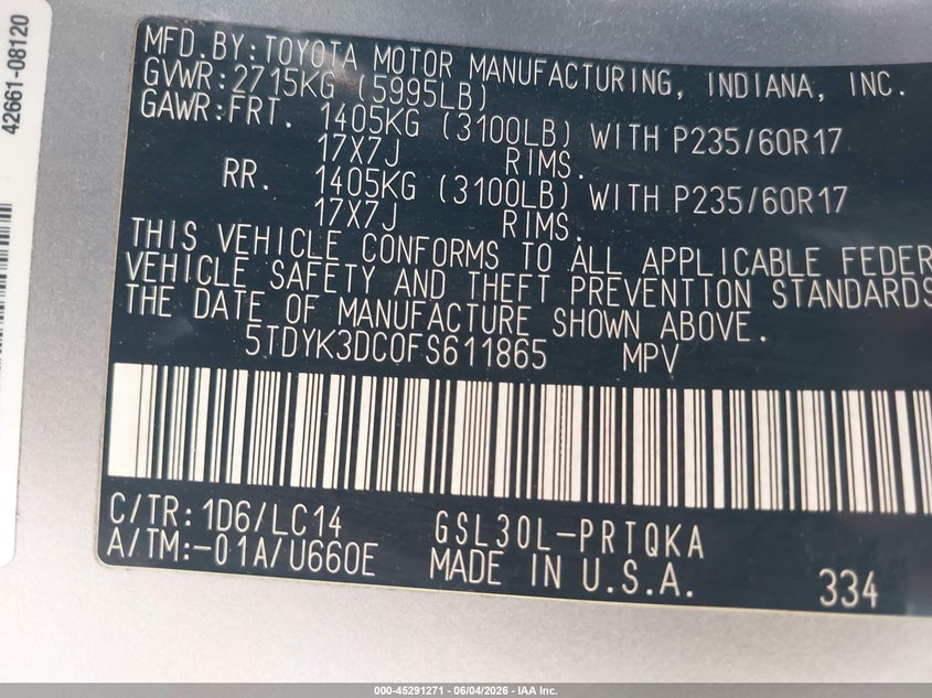 2015 Toyota Sienna VIN 5TDYK3DC0FS611865 IAAI salvage auction — FRONT & REAR, Salvage Title, sold $5,050 on 2026-07-14 (photo 9)