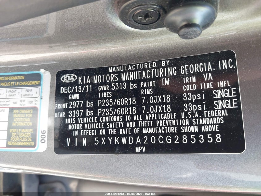 2012 Kia Sorento VIN 5XYKWDA20CG285358 IAAI salvage auction — RIGHT FRONT, Salvage Title, sold $1,850 on 2026-07-29 (photo 9)
