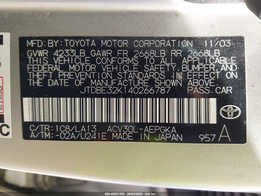2004 Toyota Camry VIN JTDBE32K140266787 IAAI salvage auction — LEFT FRONT, Bill Of Sale (Washington), sold $450 on 2026-07-22 (photo 9)