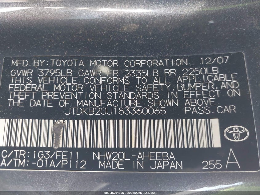 2008 Toyota Prius VIN JTDKB20U183360065 IAAI salvage auction — NORMAL WEAR, Salvage (California), sold $400 on 2026-07-22 (photo 9)