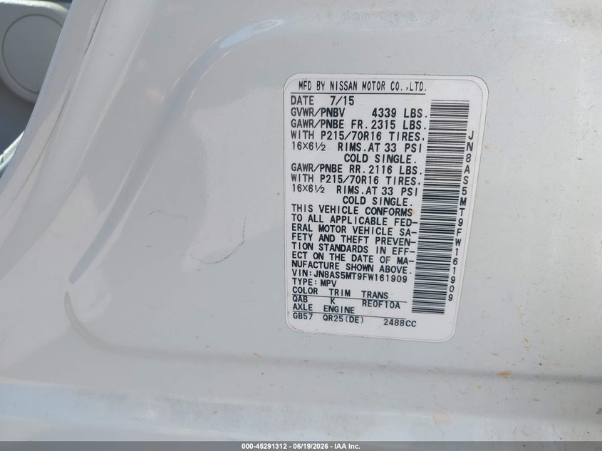2015 Nissan Rogue VIN JN8AS5MT9FW161909 IAAI salvage auction — NORMAL WEAR, Clear - Dealer Only (California), sold $375 on 2026-07-15 (photo 9)