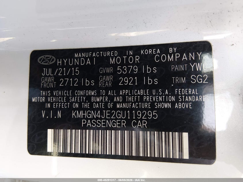 2016 Hyundai Genesis VIN KMHGN4JE2GU119295 IAAI salvage auction — RIGHT SIDE, Salvage Title, sold $2,550 on 2026-07-29 (photo 9)