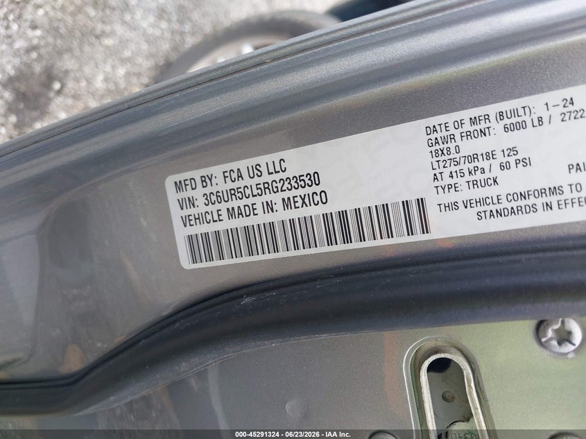 2024 Ram 2500 VIN 3C6UR5CL5RG233530 IAAI salvage auction — FRONT END, Salvage Title, sold $16,600 on 2026-07-28 (photo 8)
