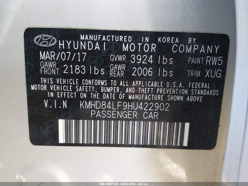 2017 Hyundai Elantra VIN KMHD84LF9HU422902 IAAI salvage auction — FRONT END, Salvage Title, sold $2,050 on 2026-07-20 (photo 9)