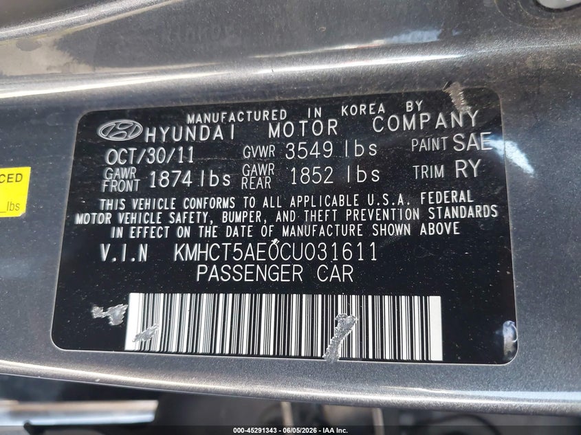 2012 Hyundai Accent VIN KMHCT5AE0CU031611 IAAI salvage auction — RIGHT FRONT, Salvage Title, sold $1,275 on 2026-07-21 (photo 9)