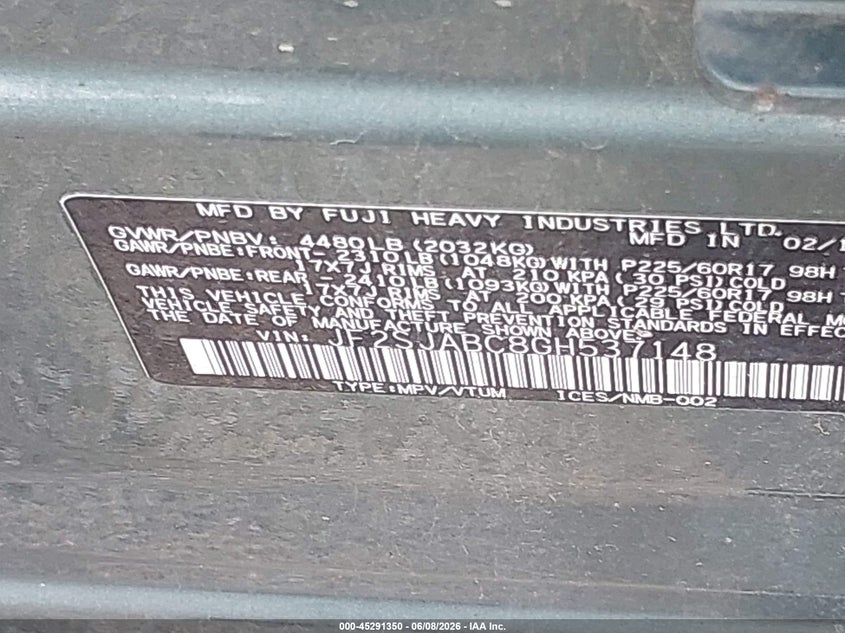 2016 Subaru Forester VIN JF2SJABC8GH537148 IAAI salvage auction — LEFT SIDE, Salvage (Indiana), sold $525 on 2026-07-24 (photo 9)